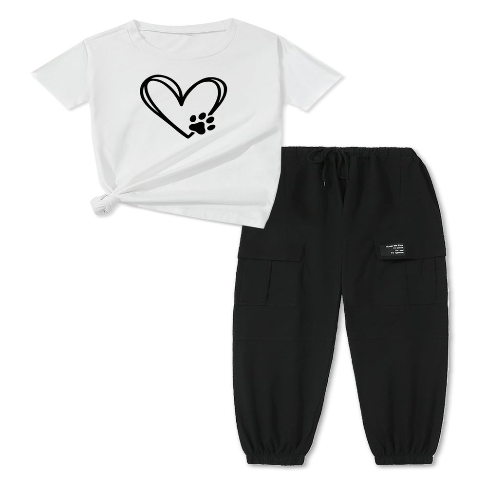 ARTMINE Girls 2-Piece Clothing Sets Sleeve Printed T-shirt+Casual Drawstring Elastic Waist Cargo Pants, US 11-12 Years = Tag 160