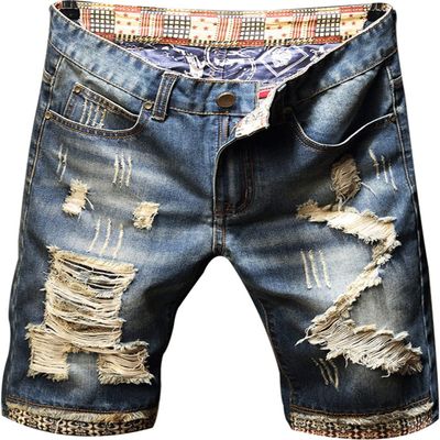 Men's Summer Ripped Denim Shorts Vintage Biker Distressed Stretchy Jean Shorts Knee Length Casual Short Jeans (Blue 6,29)
