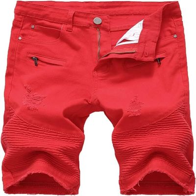 Men's Summer Casual Denim Shorts Ripped Distressed Knee Length Jean Shorts Fashion Short Jeans with Hole (Red 1,28)