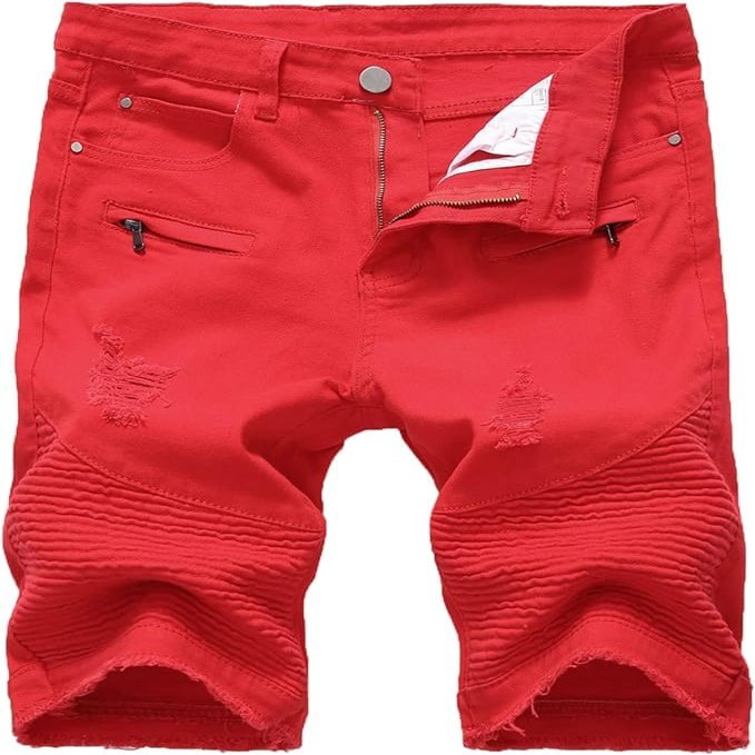 Men's Summer Casual Denim Shorts Ripped Distressed Knee Length Jean Shorts Fashion Short Jeans with Hole (Red 1,28)