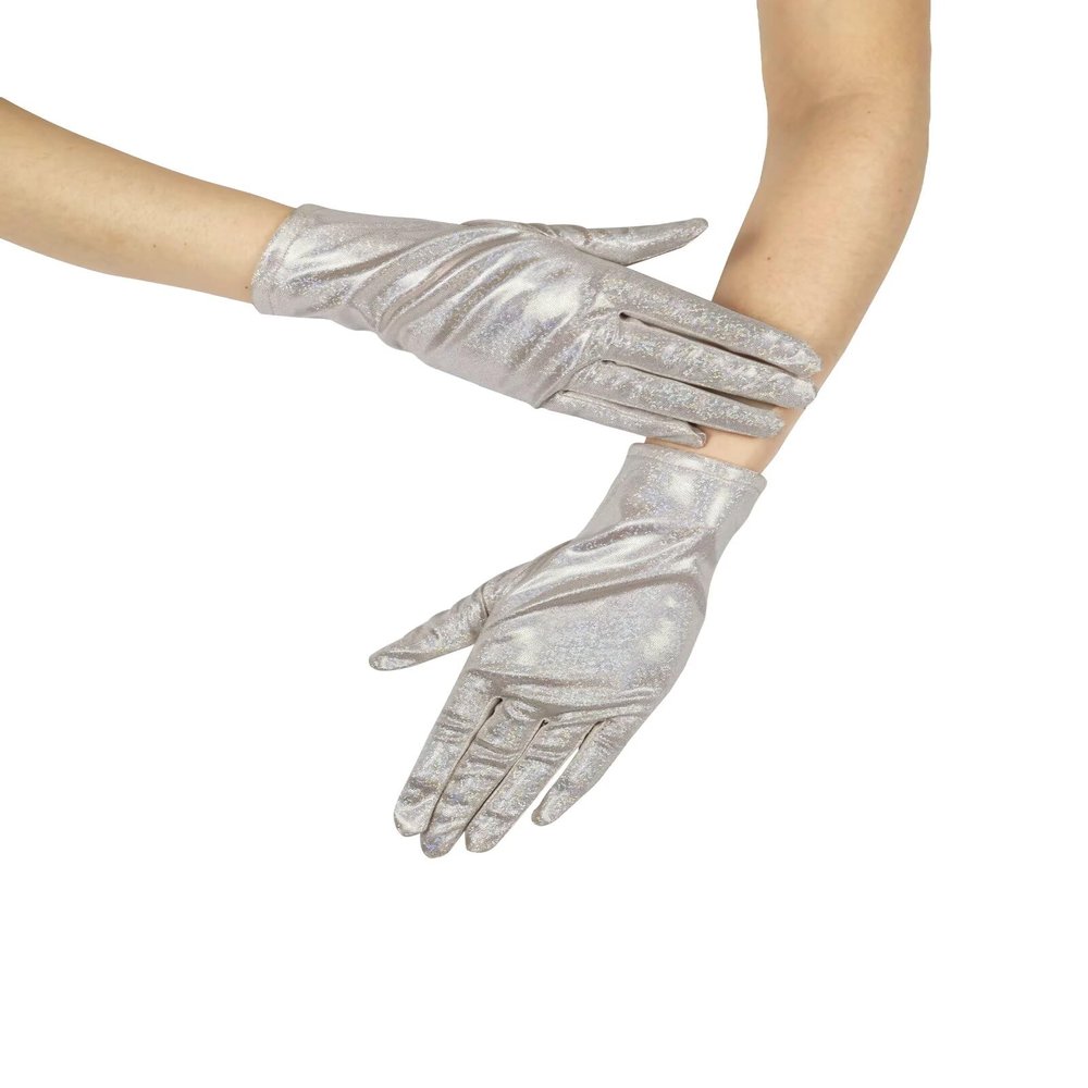 Goiruiya Shiny Metallic Spandex Short Gloves Adult Unisex Glitter Sparkle Opera Gloves for Cosplay Party Hallowmas Costumes Champagne