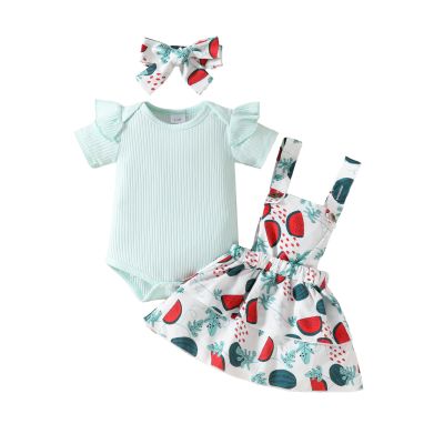 Baby Girl Summer Skirt Outfit Ruffle Ribbed Romper Flower/Flag Star Suspender Skirt Newborn Layered Dress Clothes (Watermelon, 9-12 Months)