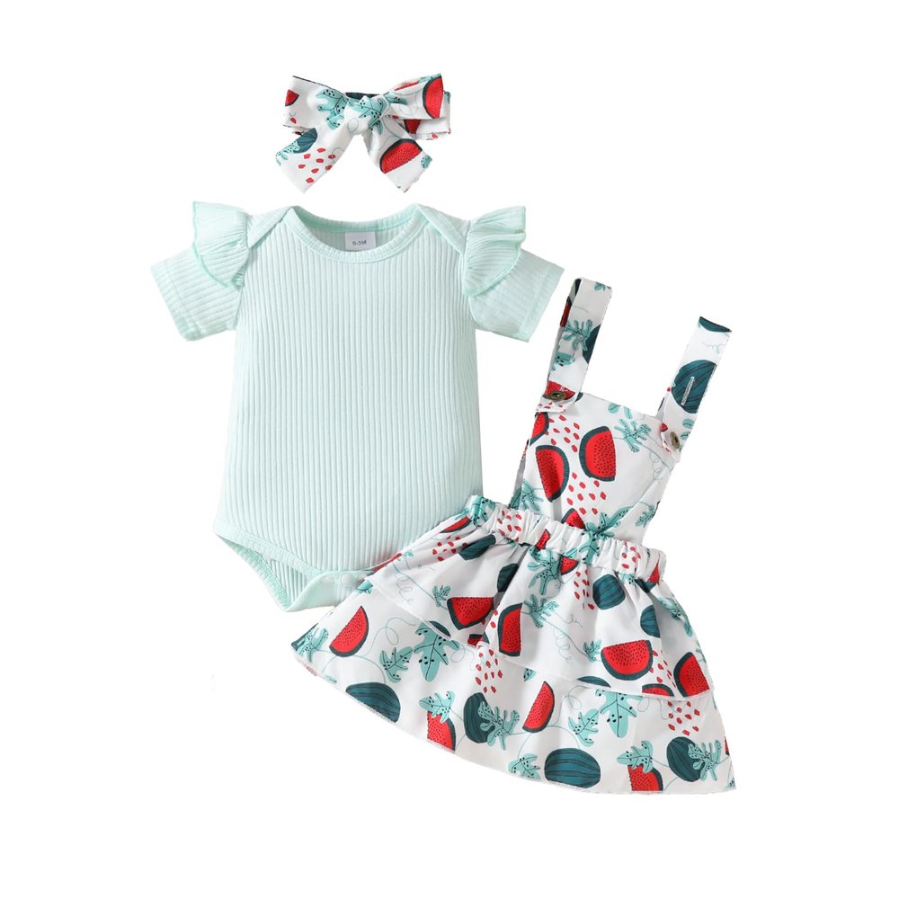 Baby Girl Summer Skirt Outfit Ruffle Ribbed Romper Flower/Flag Star Suspender Skirt Newborn Layered Dress Clothes (Watermelon, 9-12 Months)