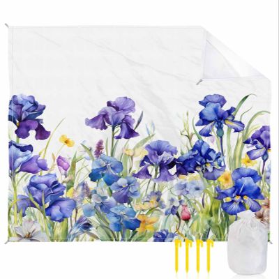 Beach Blanket Waterproof Sandproof Beach Mat, Pastoral Watercolor Purple Floral Picnic Blankets with Sand Pockets and Stakes, Flower Field on White Outdoor Pad for Seaside,Travel,Camping,95x80IN
