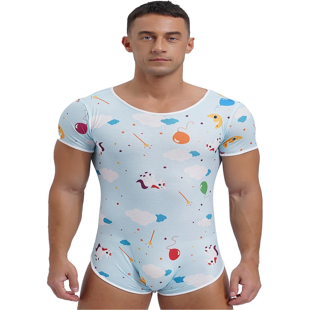 Freebily Men's One Piece Romper Pajama Bodysuit Leotard Cute Print Diaper Teddy Rompers Pj Nightwear Tops Type E XX-Large