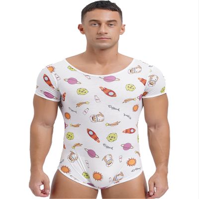 Manyakai Mens Cute Romper Press Button Crotch Jumpsuits Cartoon Pattern Pajamas Home Wear Outfits Type F XX-Large