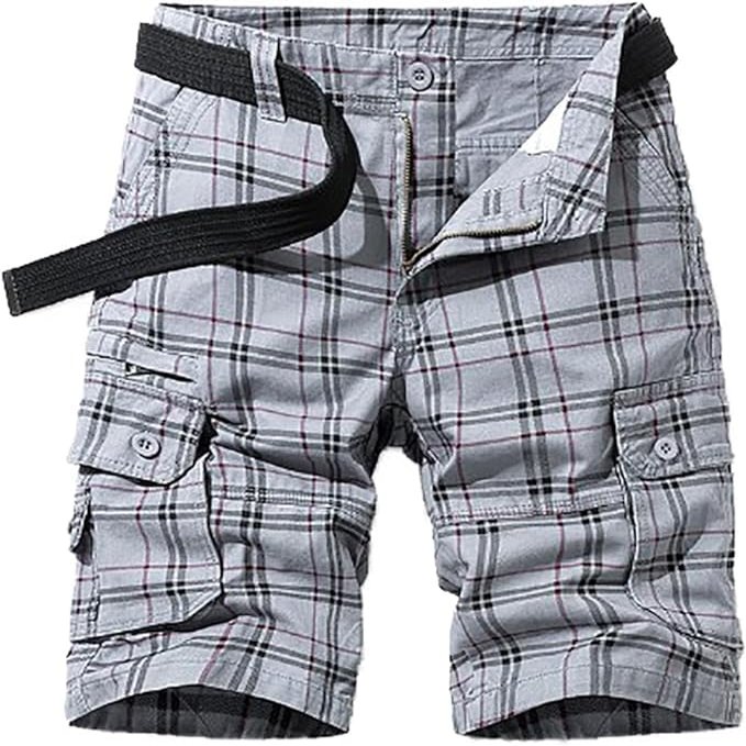Men's Plaid Cargo Shorts Lightweight Multi Pocket Casual Short Pants Summer Outdoor Loose Shorts No Belt (Grey,29)
