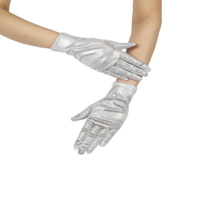 Goiruiya Shiny Metallic Spandex Short Gloves Adult Unisex Glitter Sparkle Opera Gloves for Cosplay Party Hallowmas Costumes White