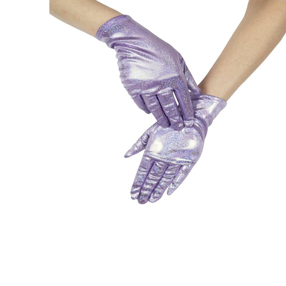 Goiruiya Shiny Metallic Spandex Short Gloves Adult Unisex Glitter Sparkle Opera Gloves for Cosplay Party Hallowmas Costumes Lavender