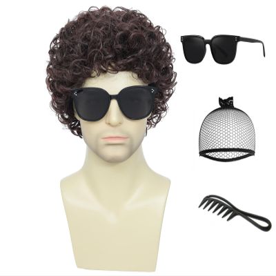 Airhostess Mens Short Afro Curly Wig for Male,70s 80s Disco Guy RockerHalloween Cosplay Fancy Wigs for Daily Party Costume (Dark Brown)