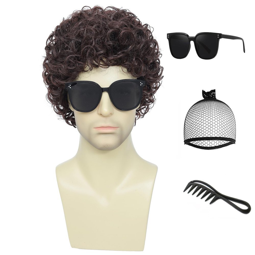 Airhostess Mens Short Afro Curly Wig for Male,70s 80s Disco Guy RockerHalloween Cosplay Fancy Wigs for Daily Party Costume (Dark Brown)