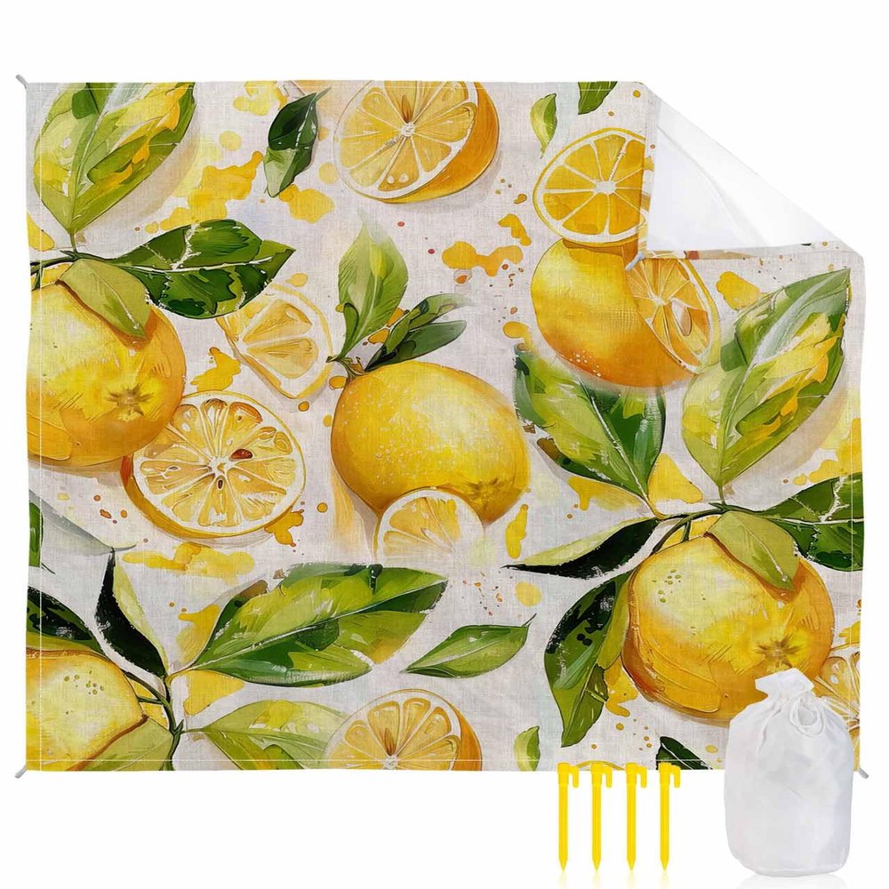 Beach Blanket Waterproof Sandproof Beach Mat, Summer Watercolor Lemon Painting Picnic Blankets with Sand Pockets and Stakes, Farm Yellow Fruit on Burlap Outdoor Pad for Seaside,Travel,Camping,83x79IN
