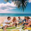 Beach Blanket Waterproof Sandproof Beach Mat, Summer Watercolor Lemon Painting Picnic Blankets with Sand Pockets and Stakes, Farm Yellow Fruit on Burlap Outdoor Pad for Seaside,Travel,Camping,83x79IN view 3