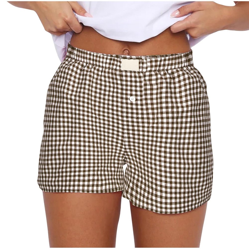 Y2K Lounge Shorts for Women Gingham Boxer Shorts Cute Soft Elastic Low Waist Boxers Plaid Print Button Shorts 2024