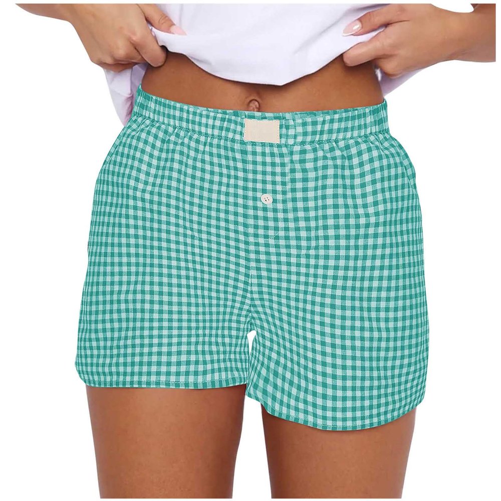 Women Gingham Boxer Shorts 2024 Fashion Y2k Cute Stripes Plaid Button Elastic Waist Lounge Boxers Summer Comfy Shorts