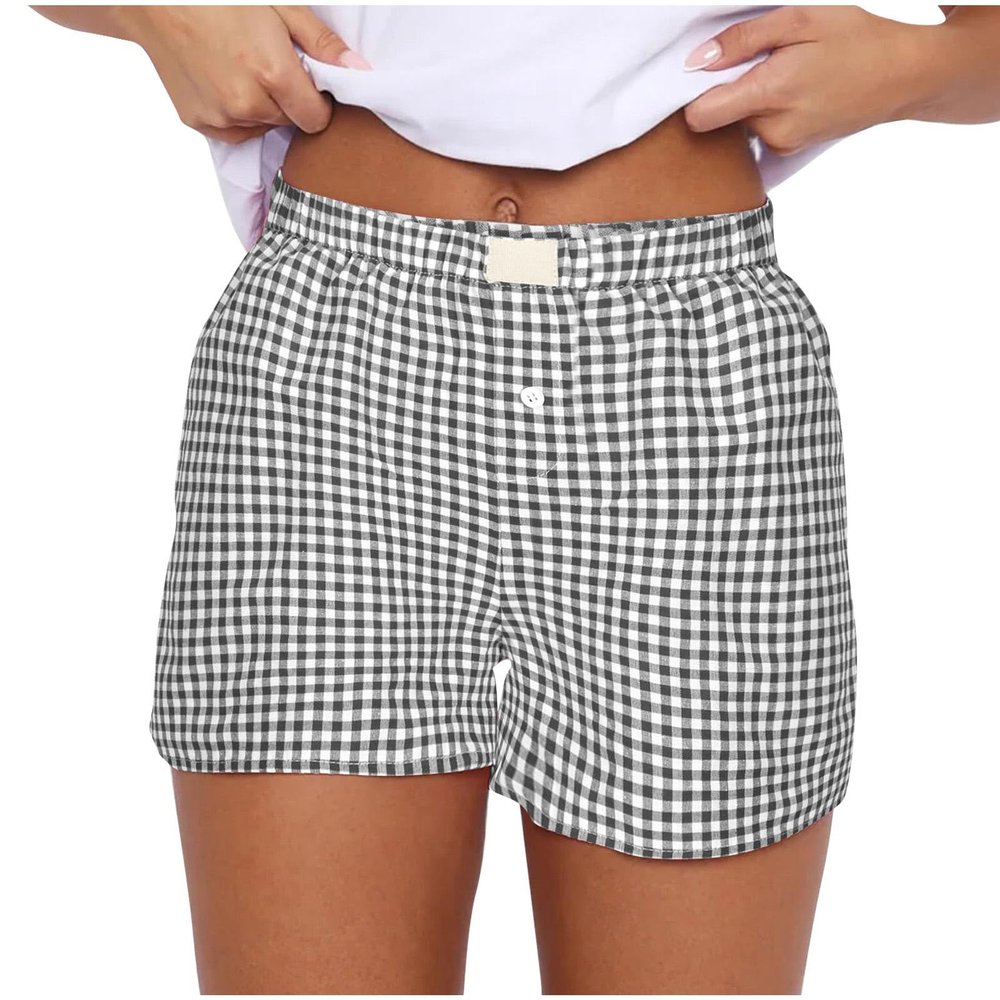 Y2K Lounge Shorts for Women Gingham Boxer Shorts Cute Soft Elastic Low Waist Boxers Plaid Print Button Shorts 2024