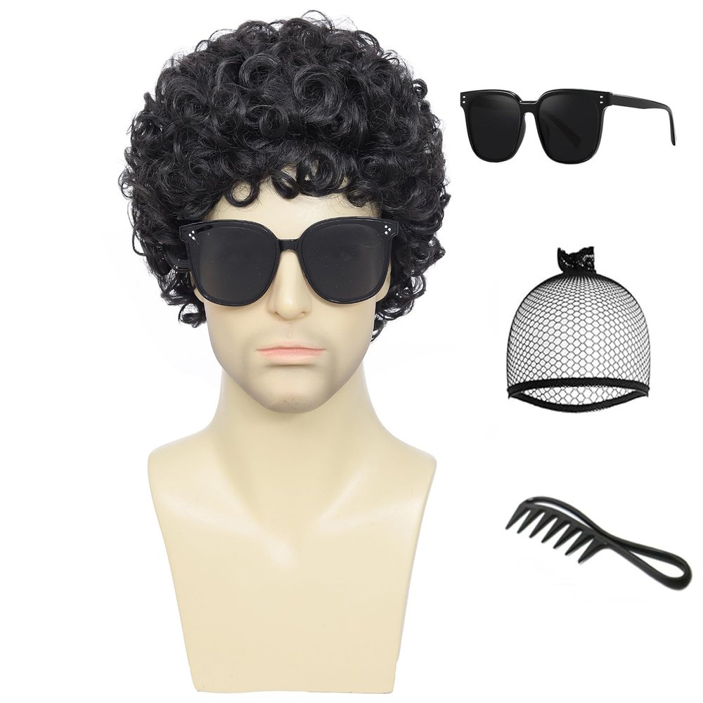 Adequate Men's Black Afro Wig, 70s 80s Disco Costume Wig, Retro Curly Wig for Halloween Cosplay Theme Party Daily Wear (Black)