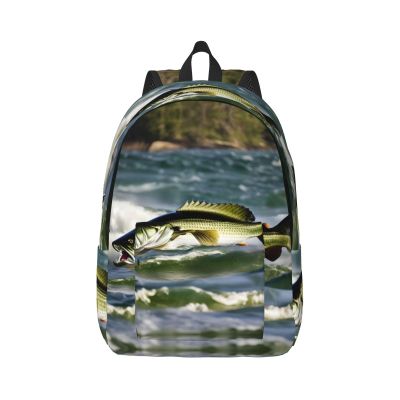 WURTON Bass Fishing Wave Print Unisex Canvas Bag Canvas Shoulder Pouch Pack Lightweight Backpack For Woman Lady