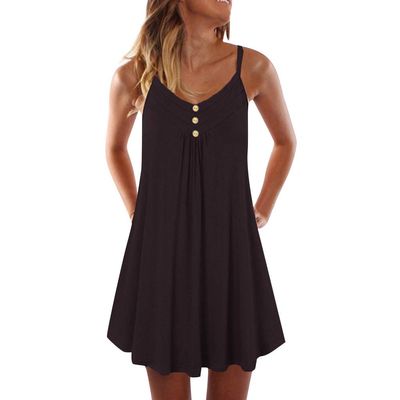 Angxiwan Sundresses for Women 2024 Casual Button Down Short Summer Dresses Loose Solid Spaghetti Strap Ruched Flowy Sun Dress Black