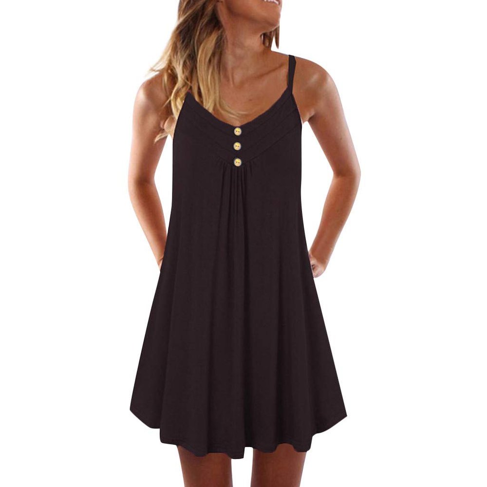 Angxiwan Sundresses for Women 2024 Casual Button Down Short Summer Dresses Loose Solid Spaghetti Strap Ruched Flowy Sun Dress Black
