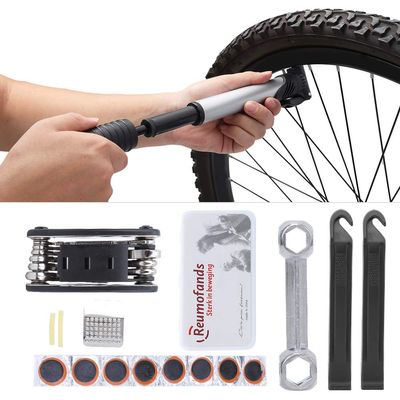 16Pcs Bicycle Repair Bag MultiFunction Bike Tool Kit 16 in 1 Bicycle Multitool with Air Pump,Hex Wrench,Tire Repair Patch,Tire Pry,Air Mouth Nozzle,Metal Grinding Sheet