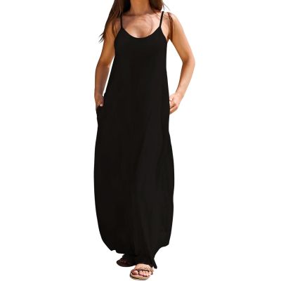 Angxiwan Summer Dresses for Women 2024 Casual Loose Spaghetti Strap Maxi Dress with Pockets Boho Vacation Sundress Sun Dress Black