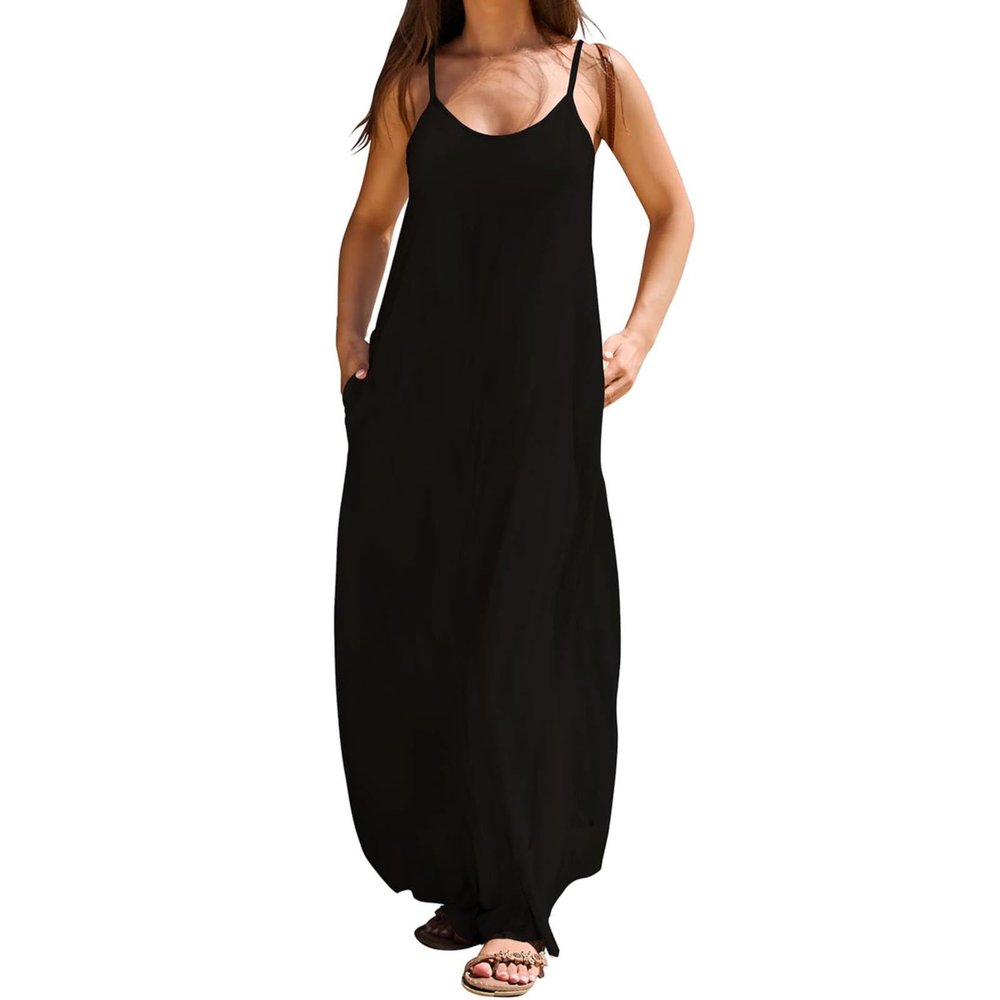Angxiwan Summer Dresses for Women 2024 Casual Loose Spaghetti Strap Maxi Dress with Pockets Boho Vacation Sundress Sun Dress Black