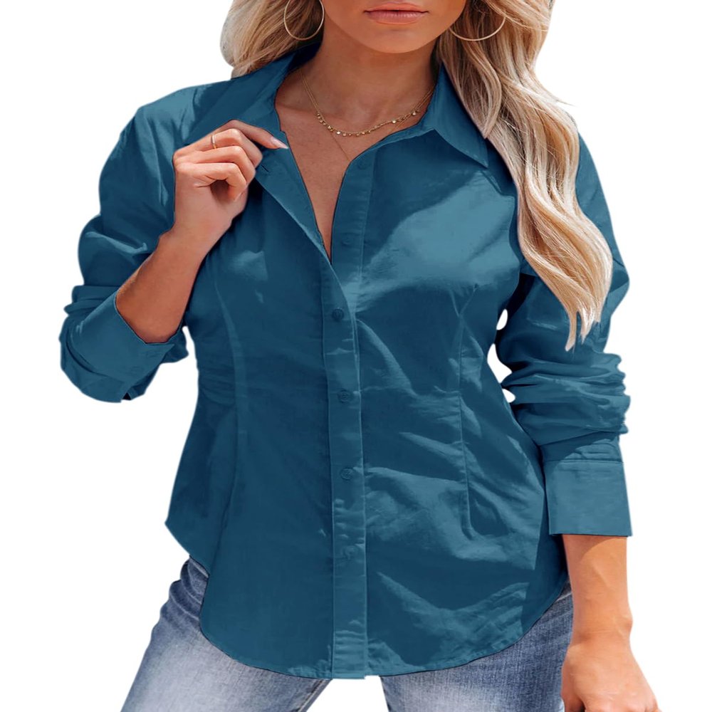 siliteelon Women's Button Down Shirts Long Sleeve Dress Shirts Wrinkle Free Collared Work Office Solid Blouses Corset Tops - Blue02 2XL