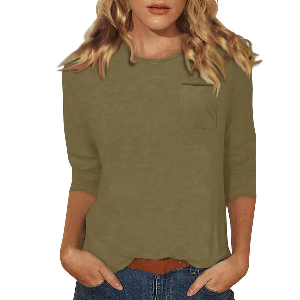 3/4 Length Sleeve Womens Tops Pocket Summer Casual Solid Crewneck T Shirts Dressy Trendy Loose Three Quarter Tunic Tops with Leggings Boho Cotton Cute Spring Blouses Women's 3/4 Sleeve Tops 2025