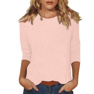 3/4 Sleeve Tops for Women Summer Casual Solid Crewneck T Shirts Dressy Loose Vintage Three Quarter Sleeve Spring Blouses Cotton Layering Long Tunic Tops Cute Outfit Women's 3/4 Sleeve Tops 2025