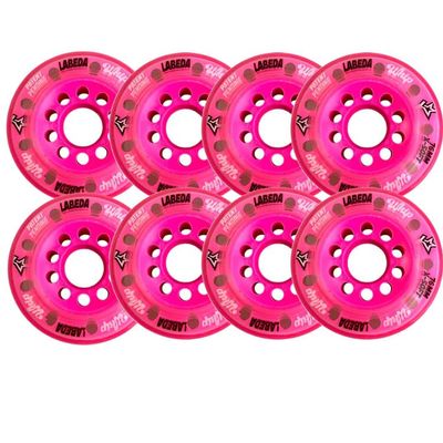 Labeda Whips Roller Hockey Wheels - Pink X-Soft Hilo Set 76mm/80mm - 8-Pack with Evo Spacers