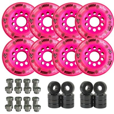 Labeda Whips Roller Hockey Wheels - Pink Soft Hilo Set 76mm/80mm - 8-Pack with Evo Spacers and Hybrid Ceramic Bearings