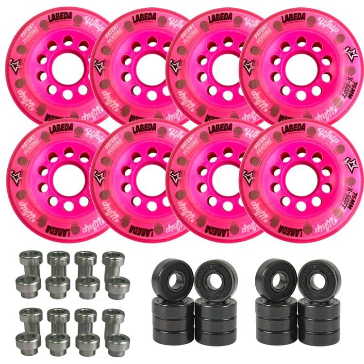 Labeda Whips Roller Hockey Wheels - Pink Soft Hilo Set 76mm/80mm - 8-Pack with Evo Spacers and Hybrid Ceramic Bearings