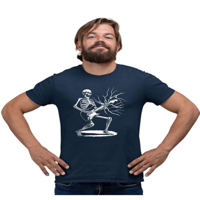 4X-Large Navy Blue Mens Rock & Roll Skeleton Shredding Playing Guitar Band T-Shirt