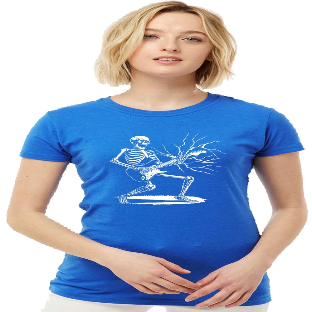 X-Large Royal Women Rock & Roll Skeleton Shredding Playing Guitar Band Deluxe Soft T-Shirt