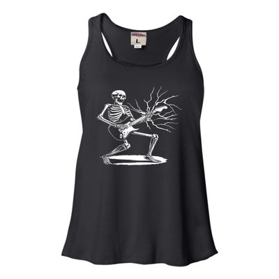 Small Black Women Flowy Rock & Roll Skeleton Shredding Playing Guitar Band Sleeveless Tank Top T-Shirt