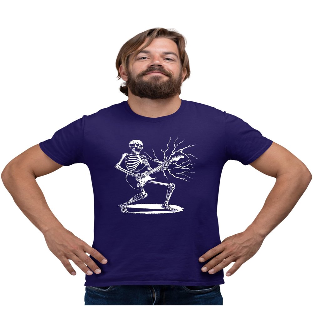 4X-Large Purple Mens Rock & Roll Skeleton Shredding Playing Guitar Band T-Shirt