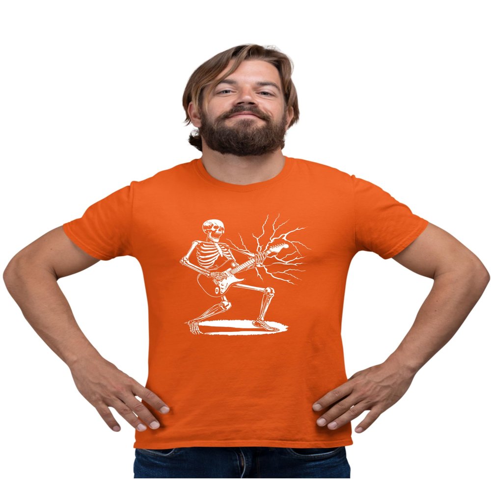 XX-Large Orange Mens Rock & Roll Skeleton Shredding Playing Guitar Band T-Shirt