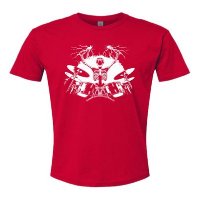 3X-Large Red Mens Skeleton Playing Drums Rock & Roll Band Deluxe Soft T-Shirt