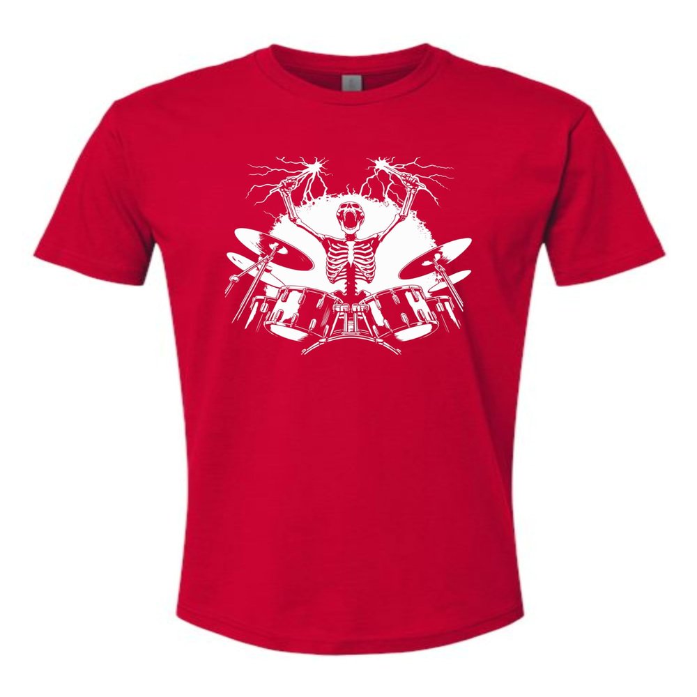 3X-Large Red Mens Skeleton Playing Drums Rock & Roll Band Deluxe Soft T-Shirt