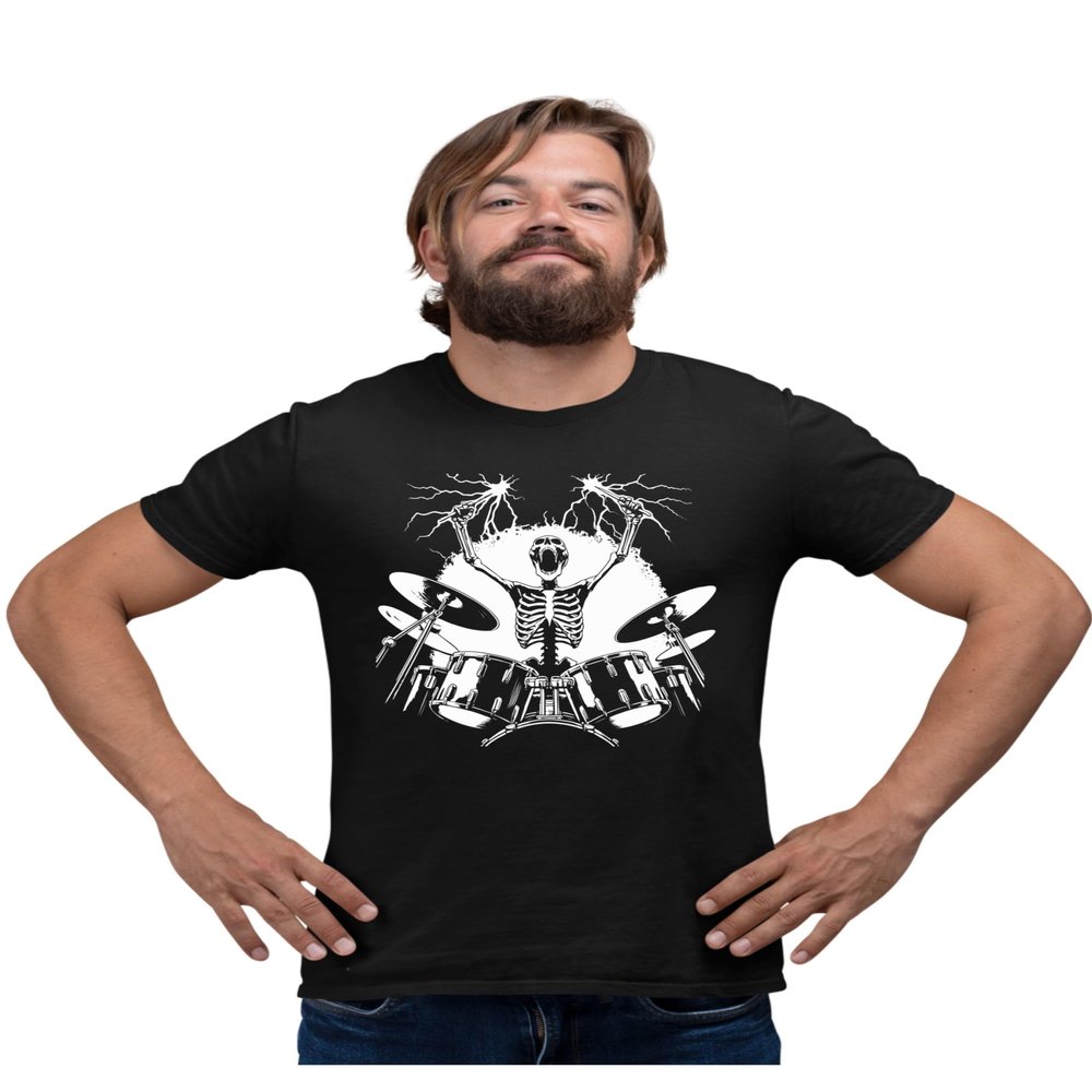5X-Large Black Mens Skeleton Playing Drums Rock & Roll Band T-Shirt