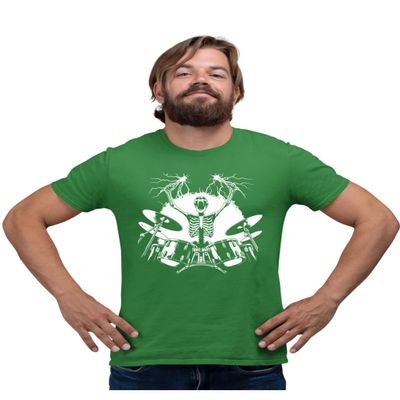 5X-Large Kelly Green Mens Skeleton Playing Drums Rock & Roll Band T-Shirt