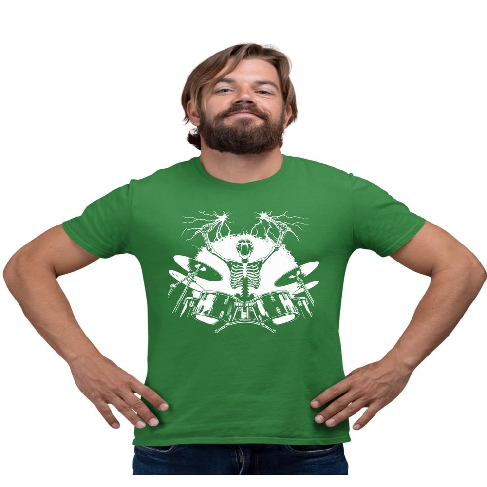 5X-Large Kelly Green Mens Skeleton Playing Drums Rock & Roll Band T-Shirt
