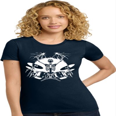Medium Navy Blue Women Skeleton Playing Drums Rock & Roll Band Deluxe Soft T-Shirt