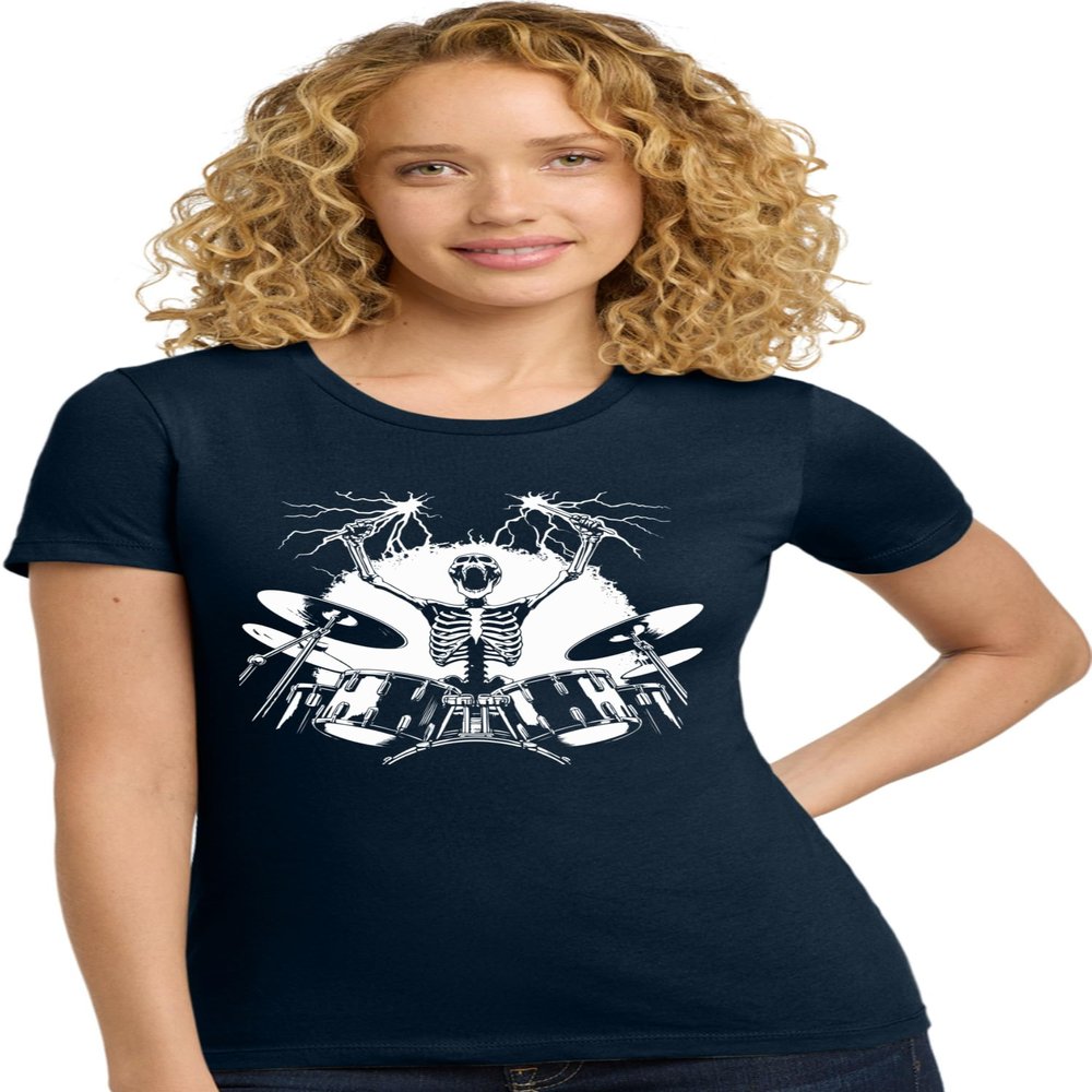 Medium Navy Blue Women Skeleton Playing Drums Rock & Roll Band Deluxe Soft T-Shirt
