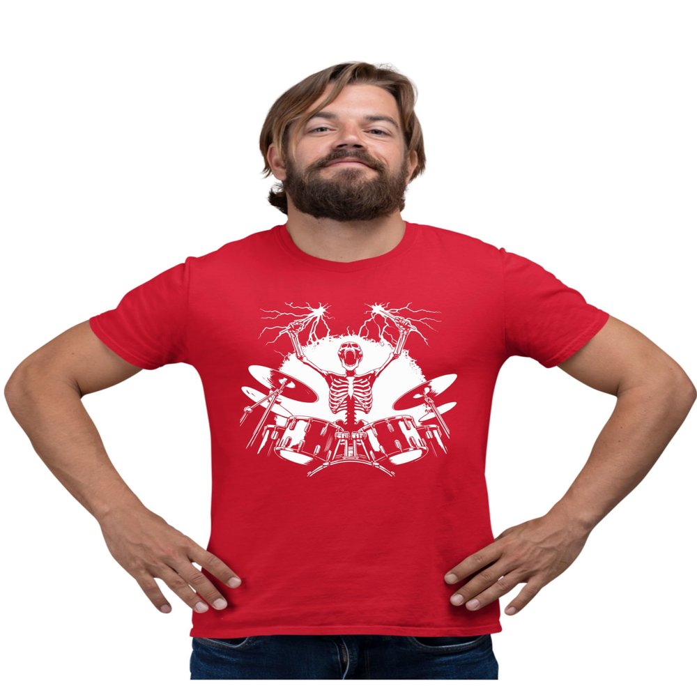 4X-Large Red Mens Skeleton Playing Drums Rock & Roll Band T-Shirt