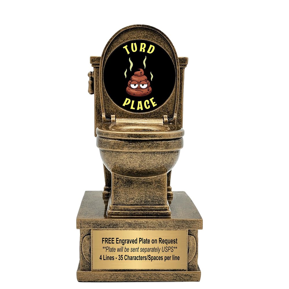 Decade Awards Action Pedestal Gold Toilet Bowl Trophy - Turd Place Award - Trophy of Shame - Custom Engraved Plate on Request (Turd Place-7 Inch)