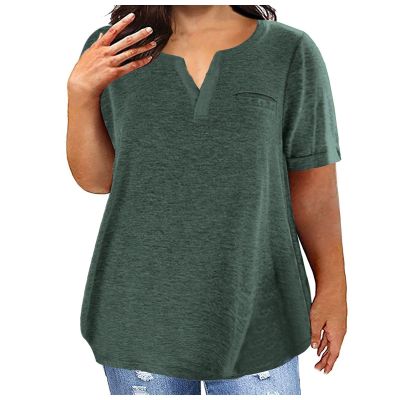 2024 Tops for Women Trendy Plus Size Tee Summer Casual Tunic Blouse Dressy Short Sleeve V-Neck Loose Fit Shirts