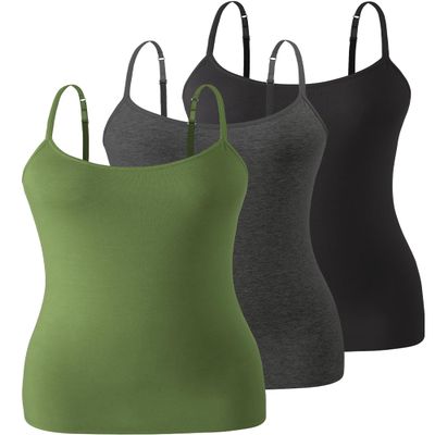 Air Curvey 3 Pack Camisole Tops for Women Built in Bra Adjustable Spaghetti Strap Soft Cotton Undershirt Tanks Seamless Layering Tops Black Darkgray ArmyGreen XL