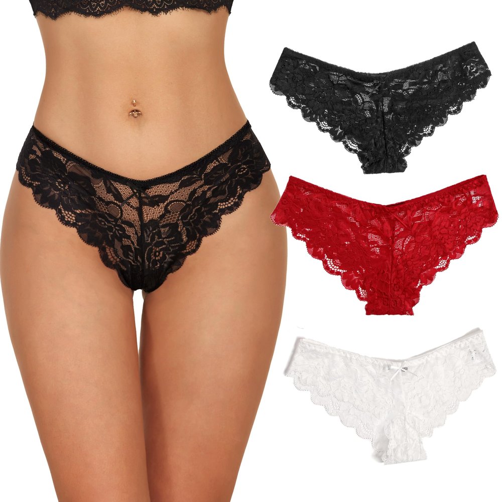 Avidlove Women's Sexy Lace Bikin Panties 3 Packs V Shape Underwear with Bow Decor
